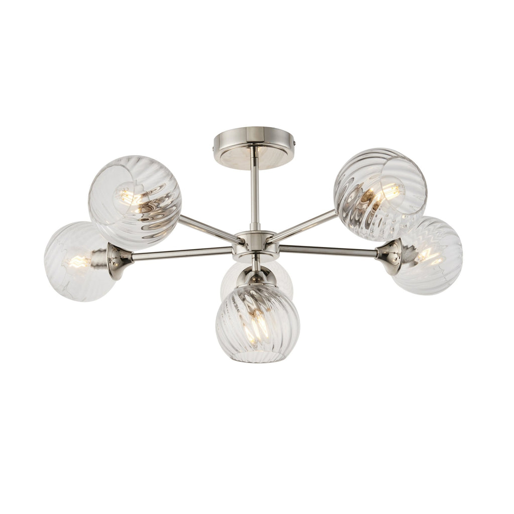 Allegra Modern 6 Light Semi Flush Ceiling Light In Bright Nickel With Spiral Shades 104050