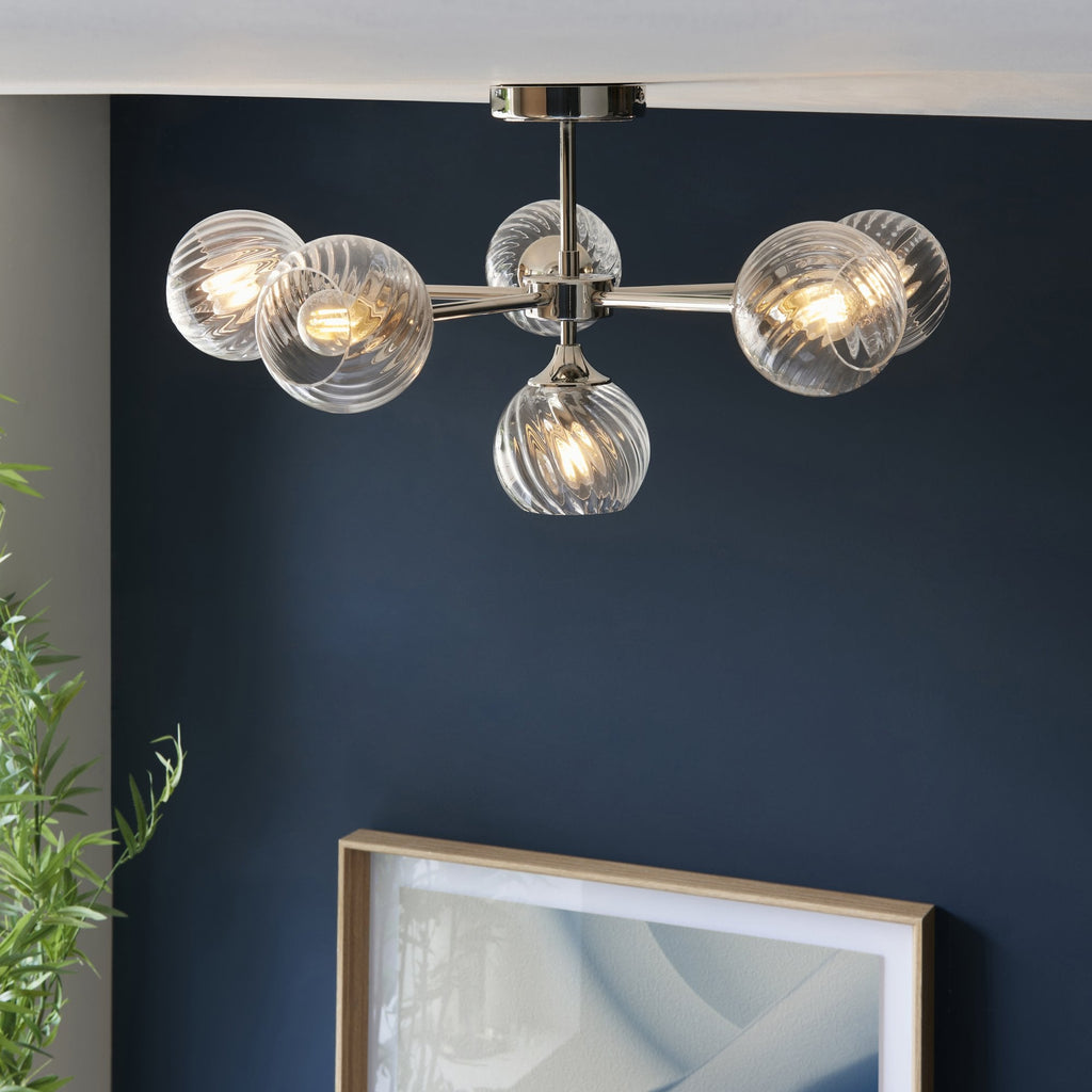Allegra Modern 6 Light Semi Flush Ceiling Light In Bright Nickel With Spiral Shades 104050