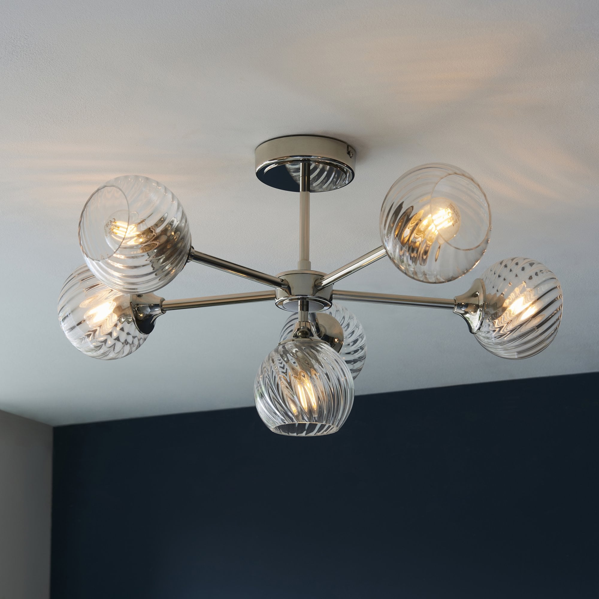 Allegra Modern 6 Light Semi Flush Ceiling Light In Bright Nickel With Spiral Shades 104050