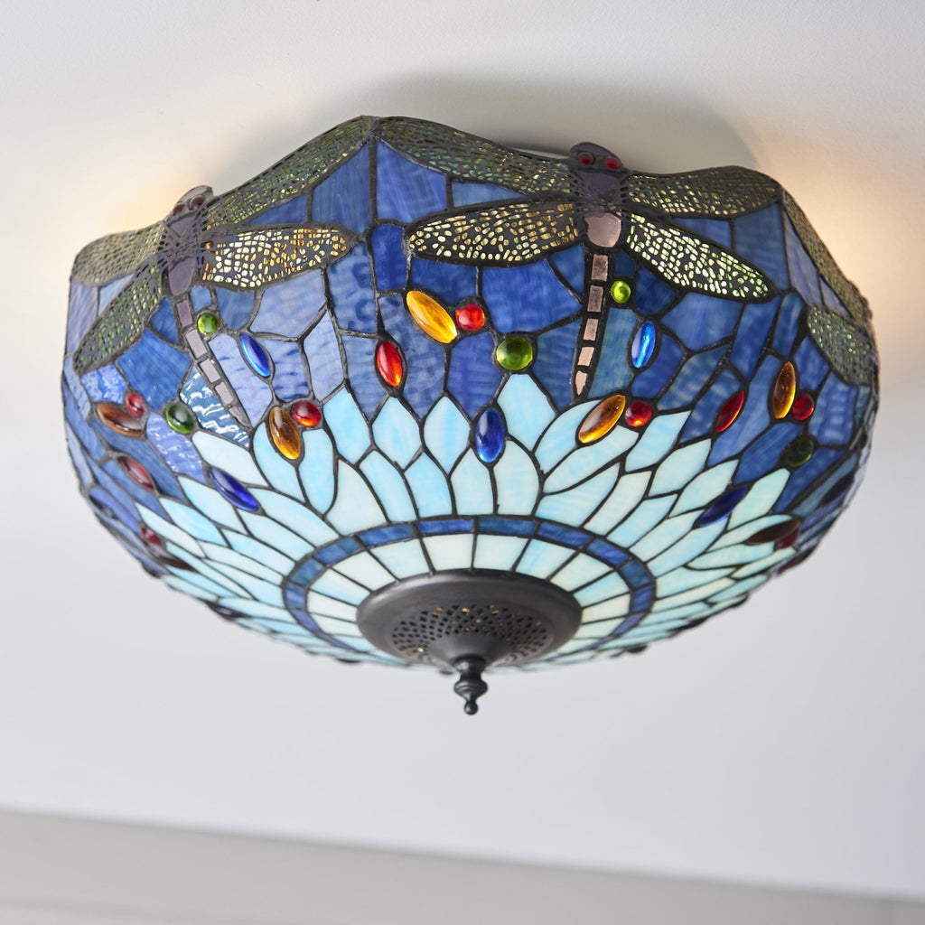 Dragonfly Tiffany Medium Flush Ceiling Light With Blue Coloured Shade 70722