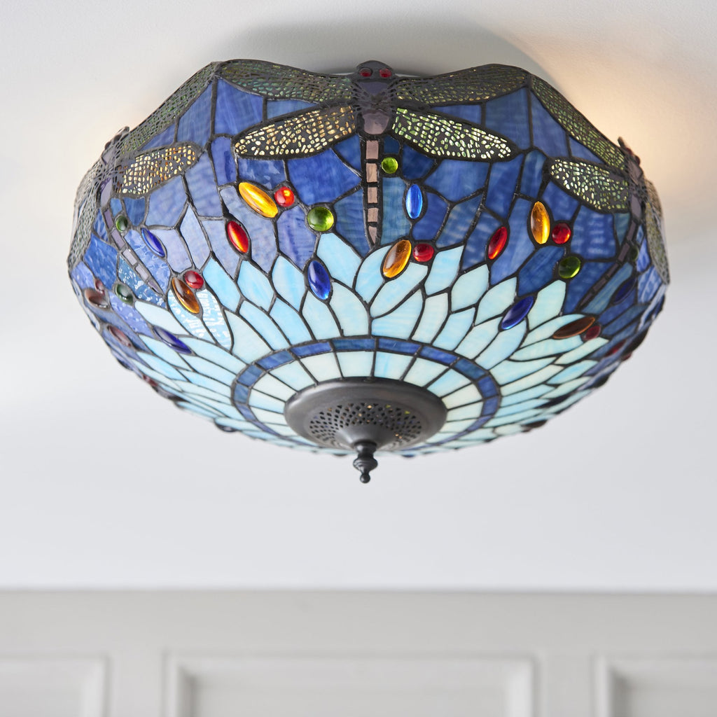 Dragonfly Tiffany Medium Flush Ceiling Light With Blue Coloured Shade 70722