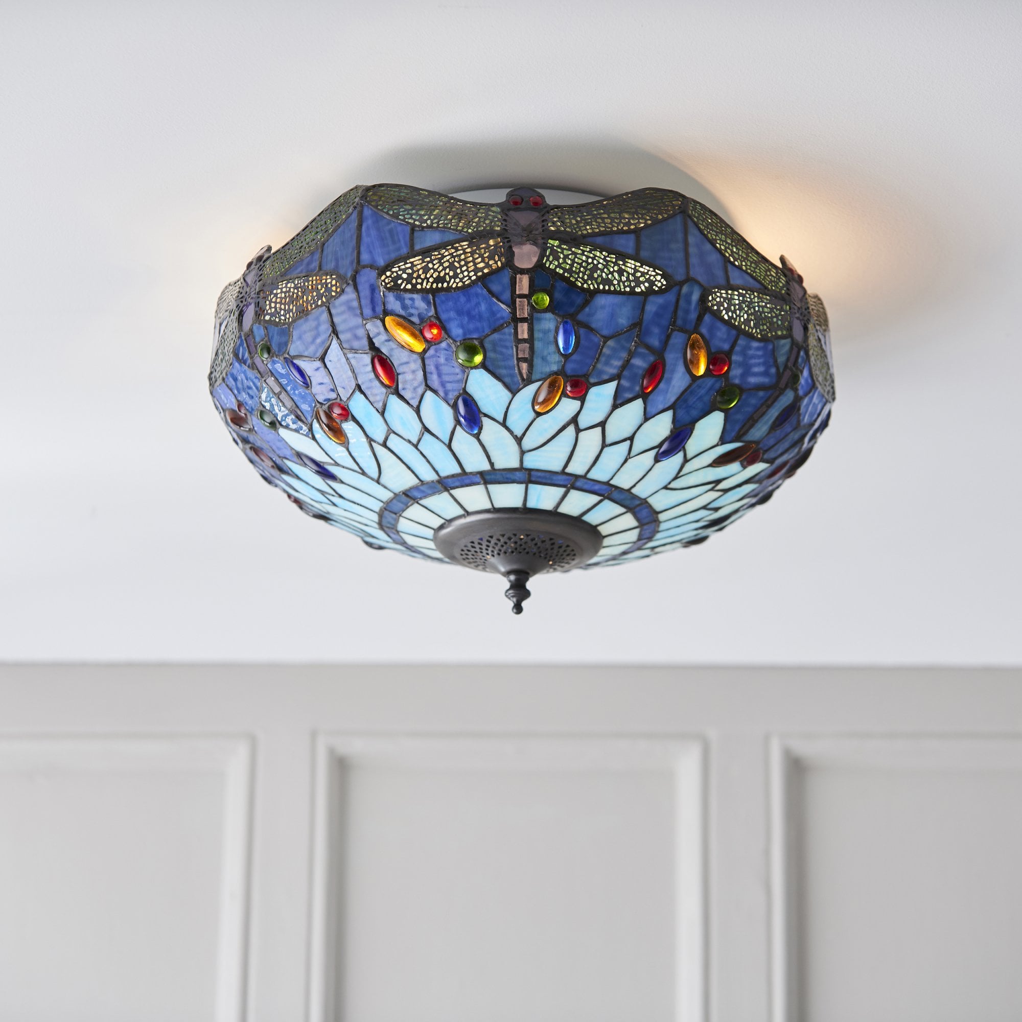 Dragonfly Tiffany Medium Flush Ceiling Light With Blue Coloured Shade 70722