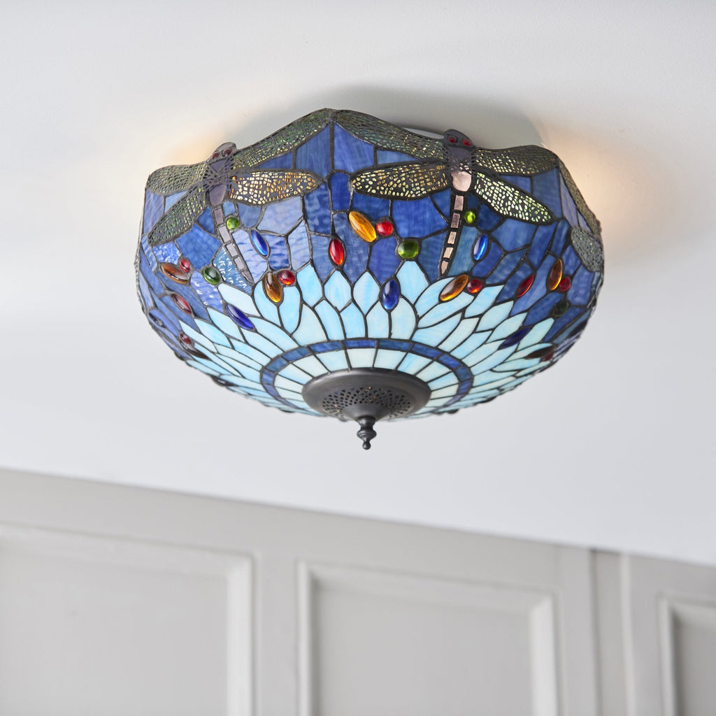 Dragonfly Tiffany Medium Flush Ceiling Light With Blue Coloured Shade 70722