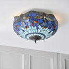 Dragonfly Tiffany Medium Flush Ceiling Light With Blue Coloured Shade 70722