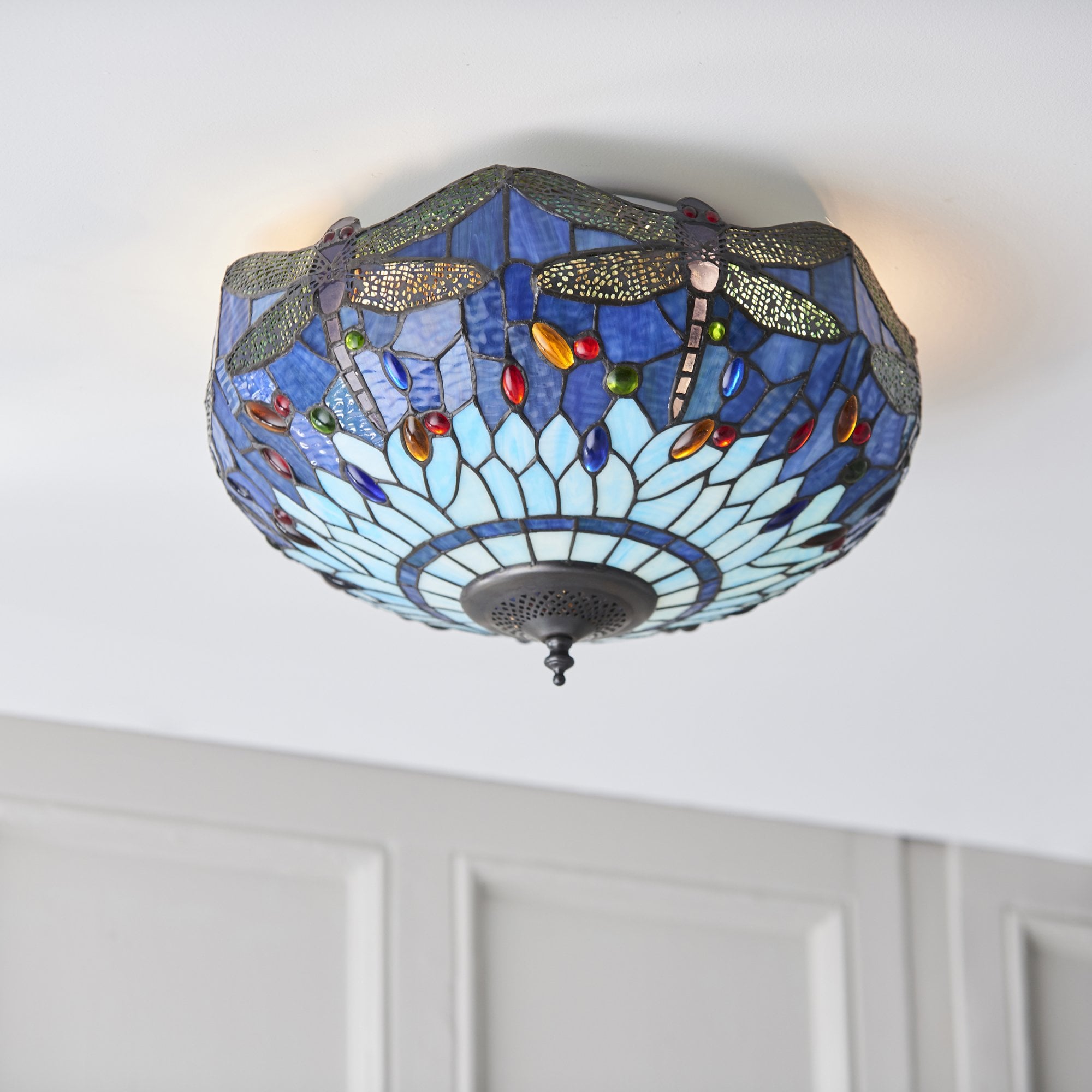 Dragonfly Tiffany Medium Flush Ceiling Light With Blue Coloured Shade 70722