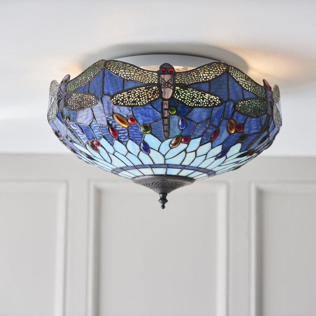 Dragonfly Tiffany Medium Flush Ceiling Light With Blue Coloured Shade 70722