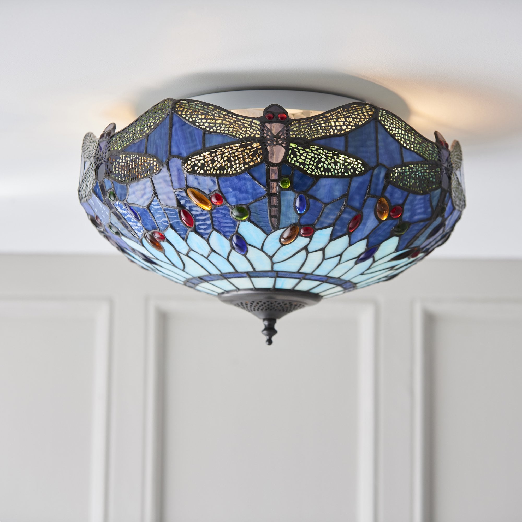 Dragonfly Tiffany Medium Flush Ceiling Light With Blue Coloured Shade 70722