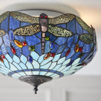 Dragonfly Tiffany Medium Flush Ceiling Light With Blue Coloured Shade 70722