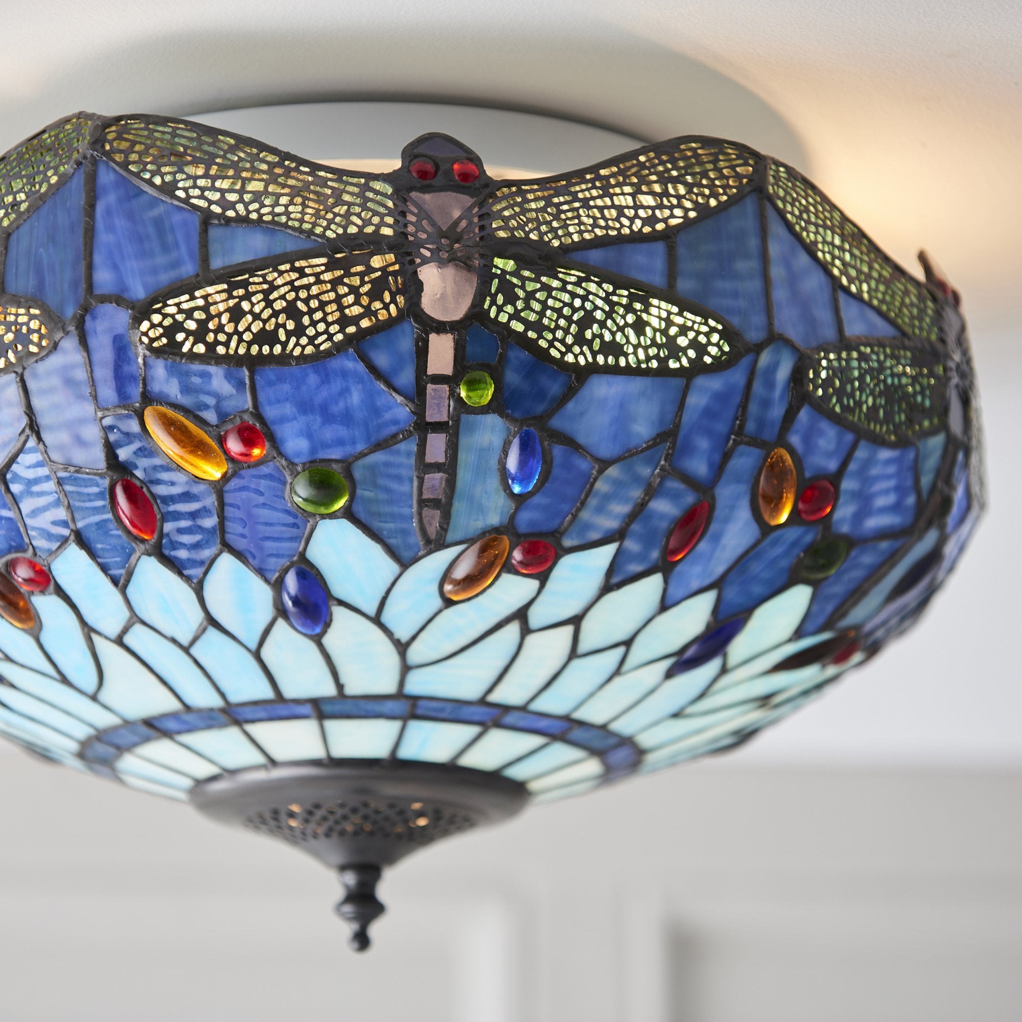 Dragonfly Tiffany Medium Flush Ceiling Light With Blue Coloured Shade 70722