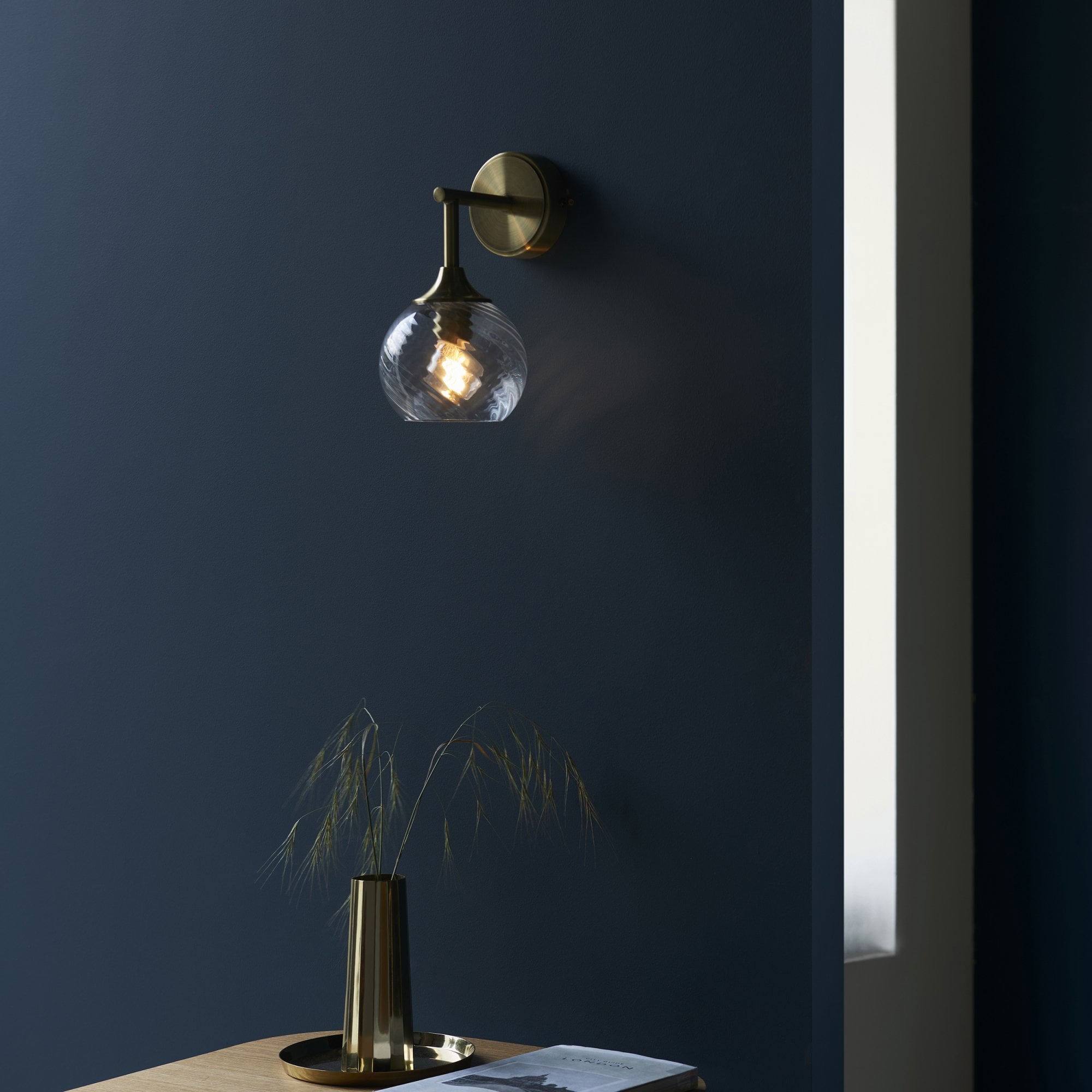 Allegra Modern Wall Light In Antique Brass With Clear Spiral Shade 103173