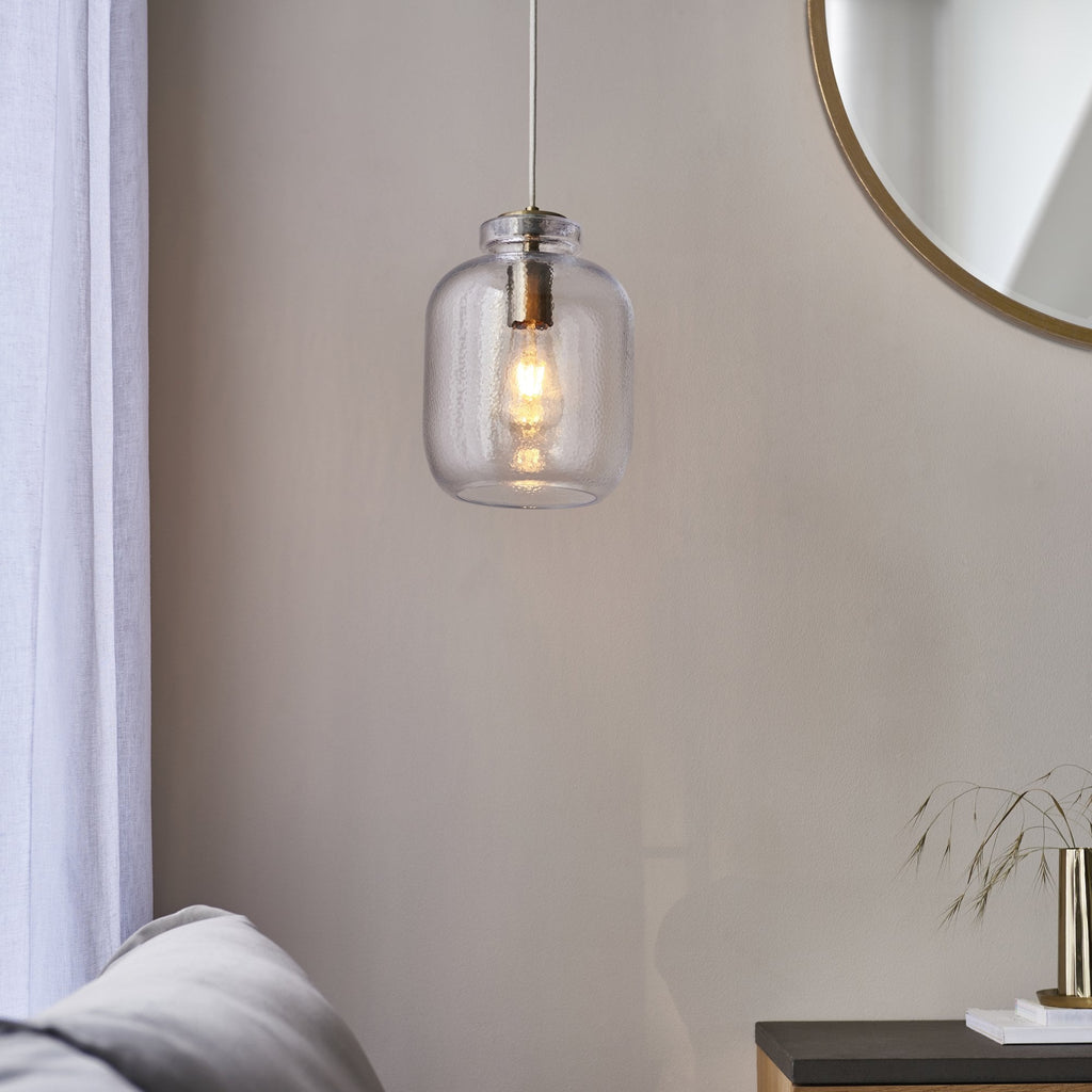 Lyra Modern Ceiling Pendant Light In Antique Brass With Clear Textured Glass Shade 106923