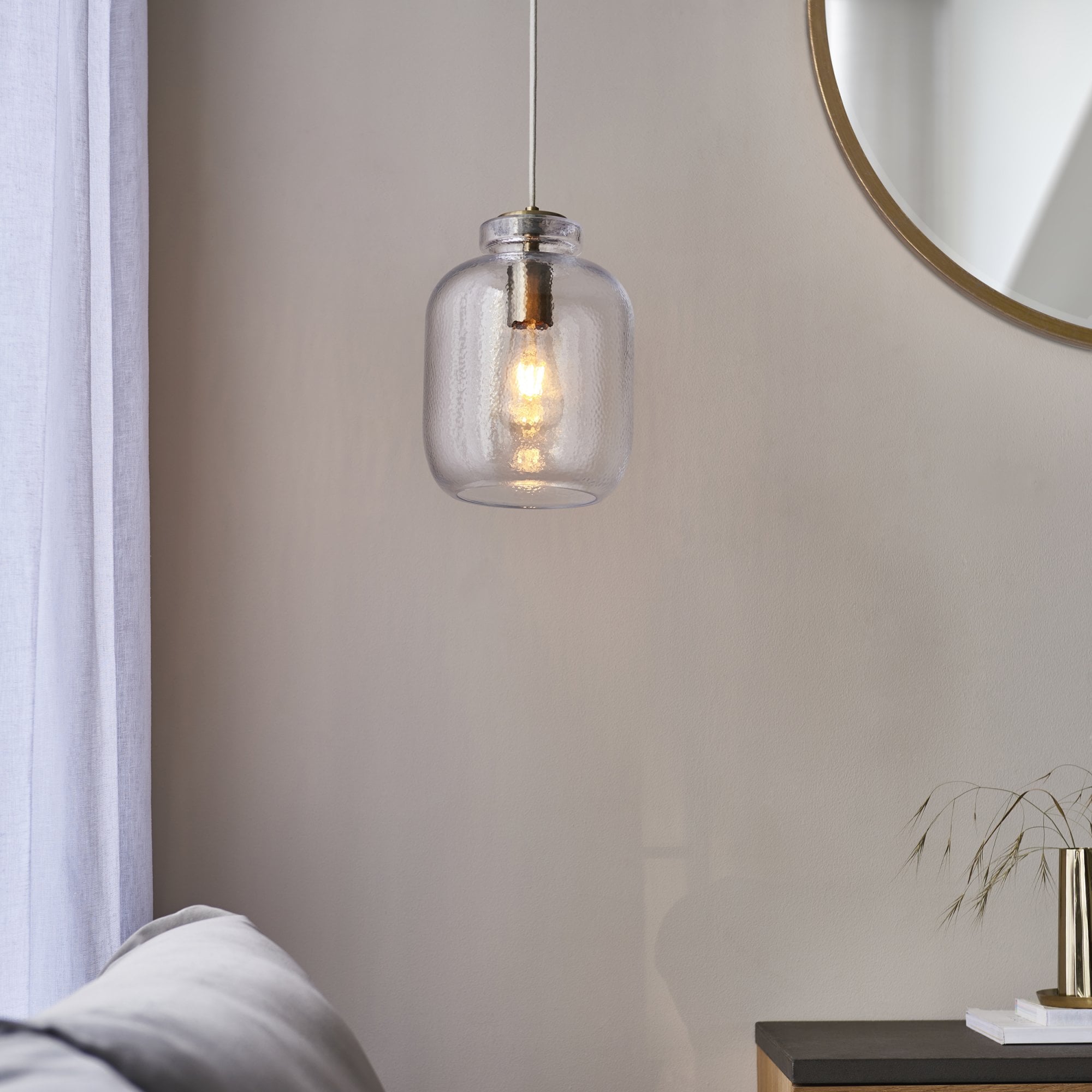Lyra Modern Ceiling Pendant Light In Antique Brass With Clear Textured Glass Shade 106923