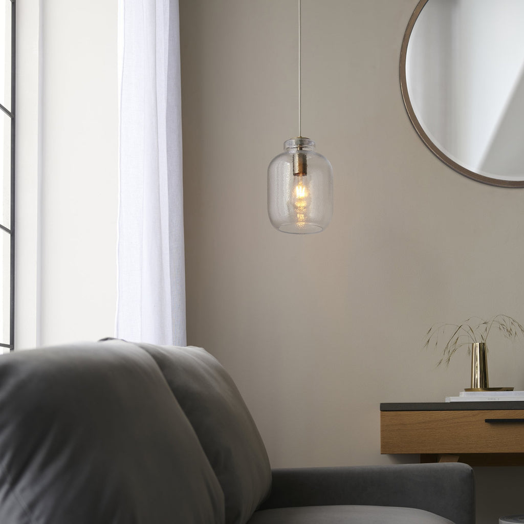 Lyra Modern Ceiling Pendant Light In Antique Brass With Clear Textured Glass Shade 106923