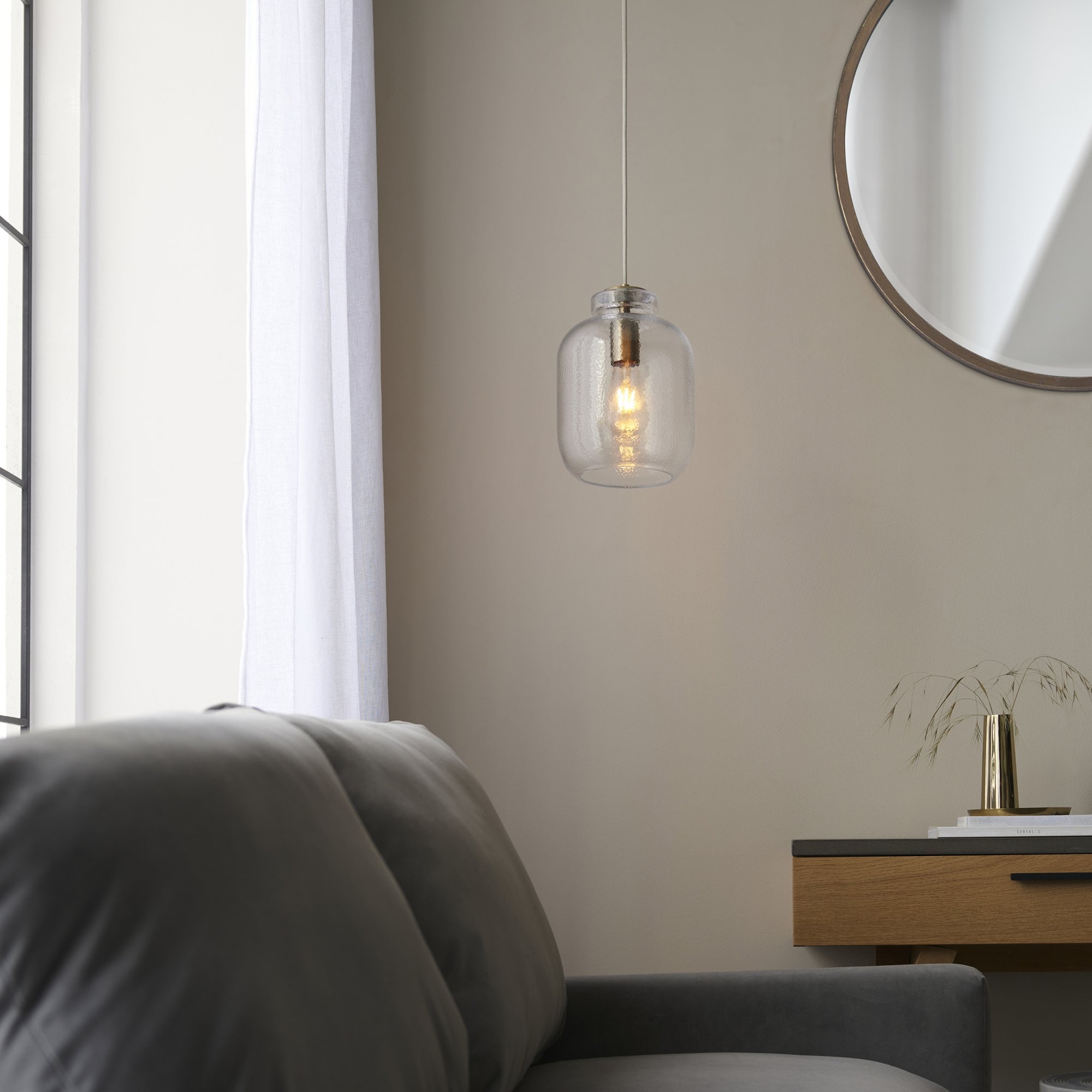 Lyra Modern Ceiling Pendant Light In Antique Brass With Clear Textured Glass Shade 106923