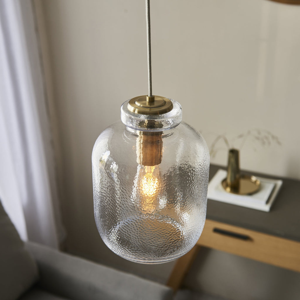 Lyra Modern Ceiling Pendant Light In Antique Brass With Clear Textured Glass Shade 106923