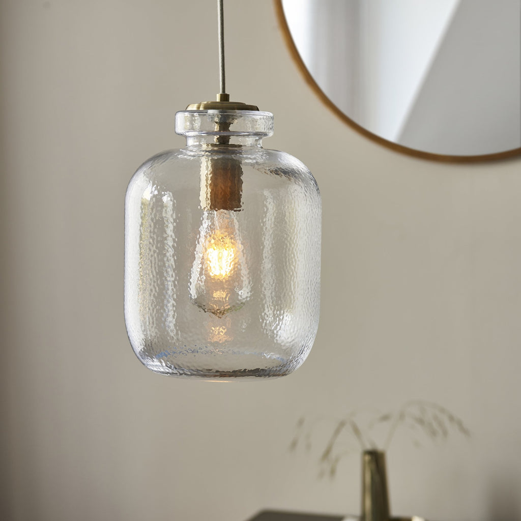 Lyra Modern Ceiling Pendant Light In Antique Brass With Clear Textured Glass Shade 106923