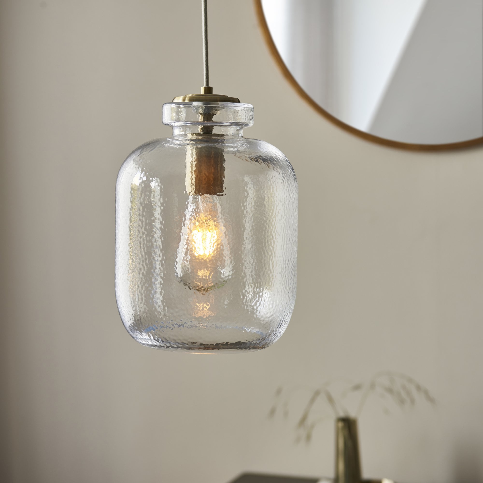 Lyra Modern Ceiling Pendant Light In Antique Brass With Clear Textured Glass Shade 106923