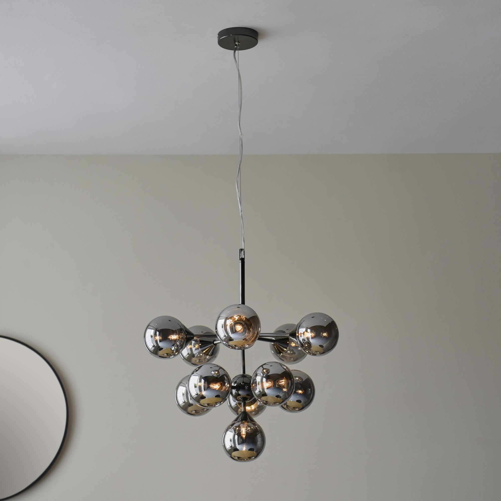 Oscar Large Ceiling Pendant Light In Black Chrome With Smoked Mirror Glass Shades 101147