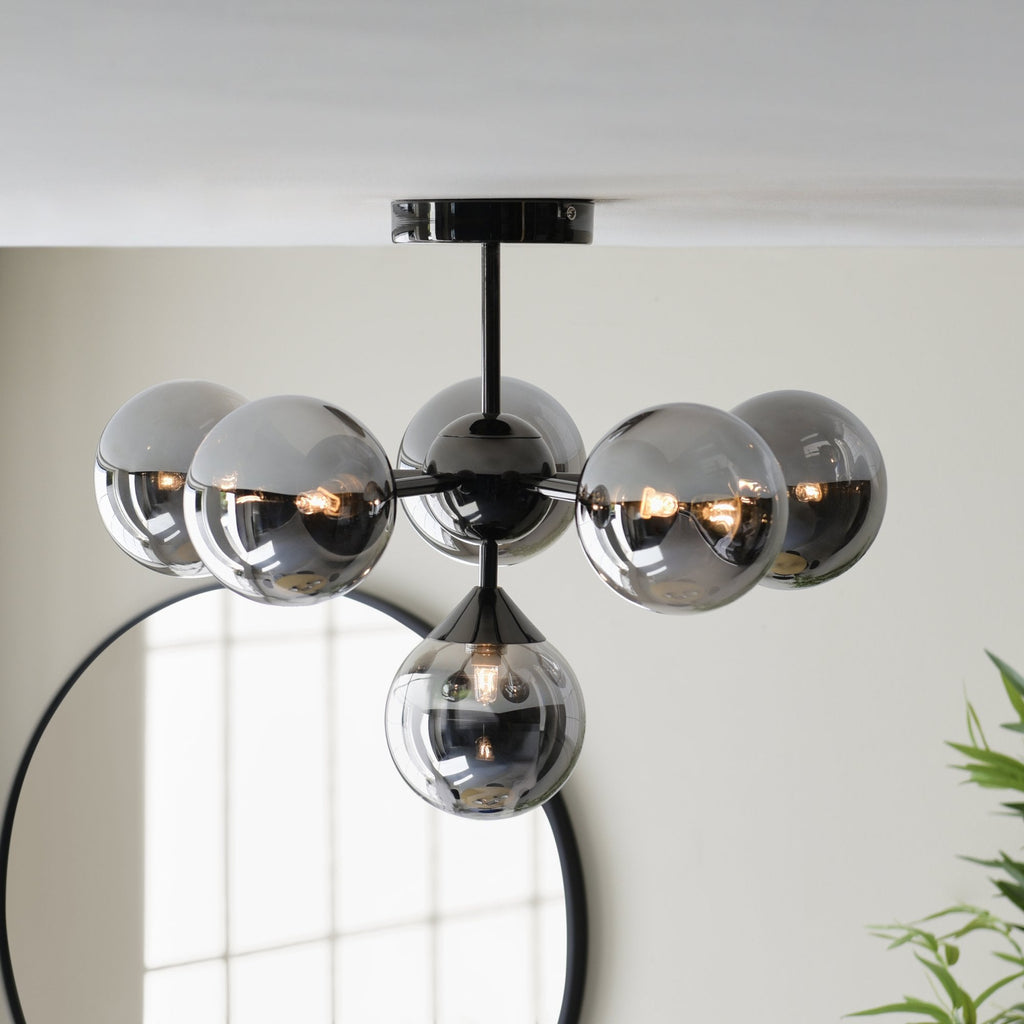Oscar Semi Flush Ceiling Light In Black Chrome With Smoked Mirror Glass Shades 101148