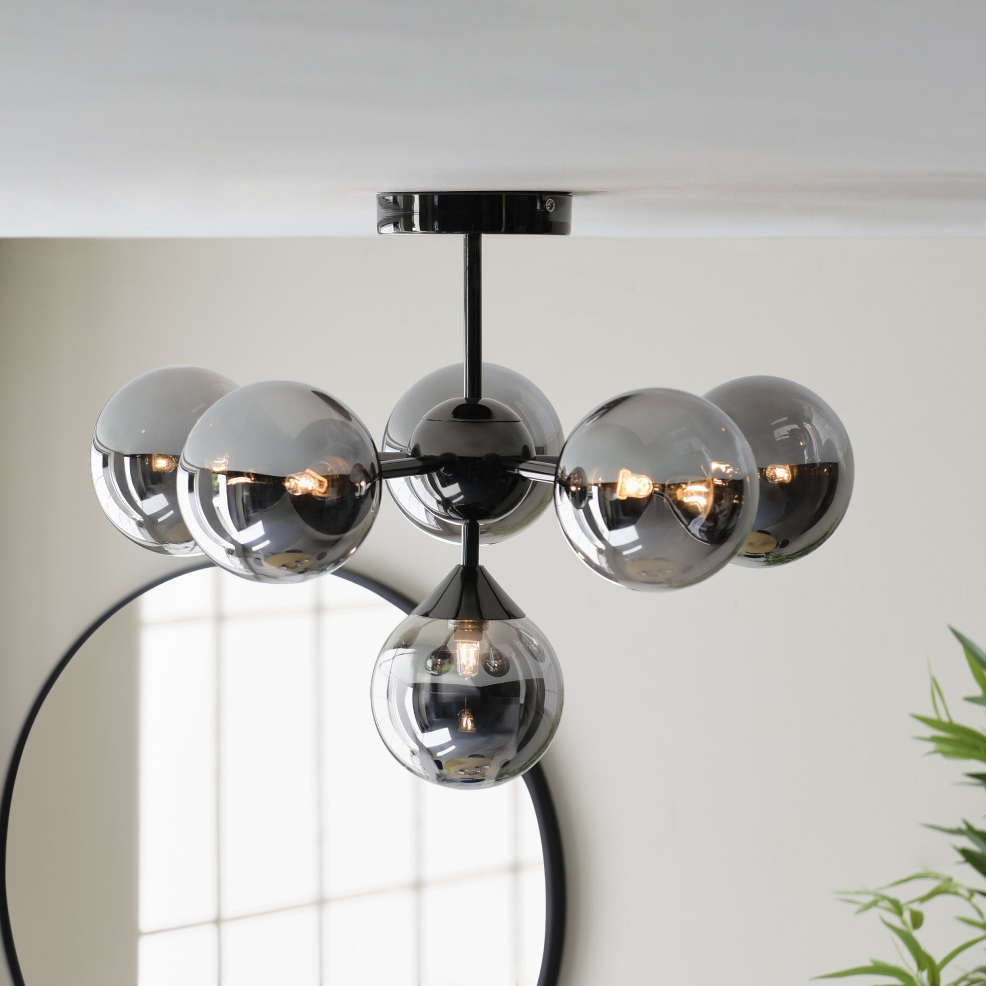 Oscar Semi Flush Ceiling Light In Black Chrome With Smoked Mirror Glass Shades 101148