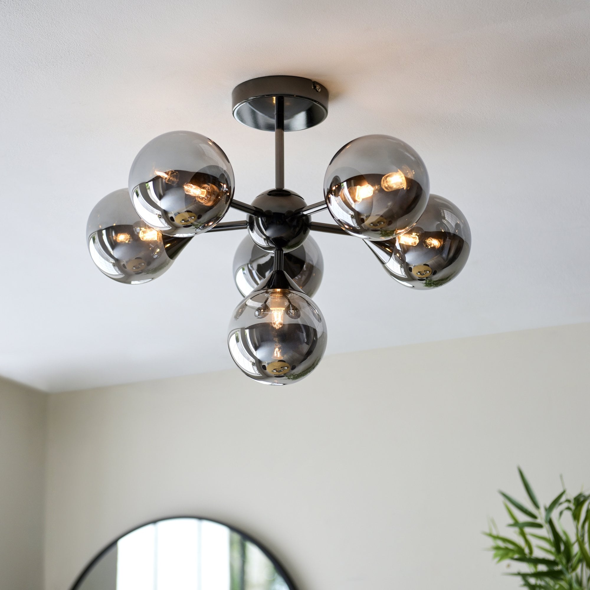 Oscar Semi Flush Ceiling Light In Black Chrome With Smoked Mirror Glass Shades 101148