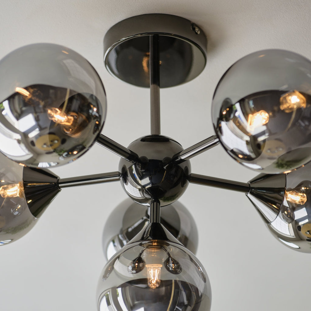 Oscar Semi Flush Ceiling Light In Black Chrome With Smoked Mirror Glass Shades 101148