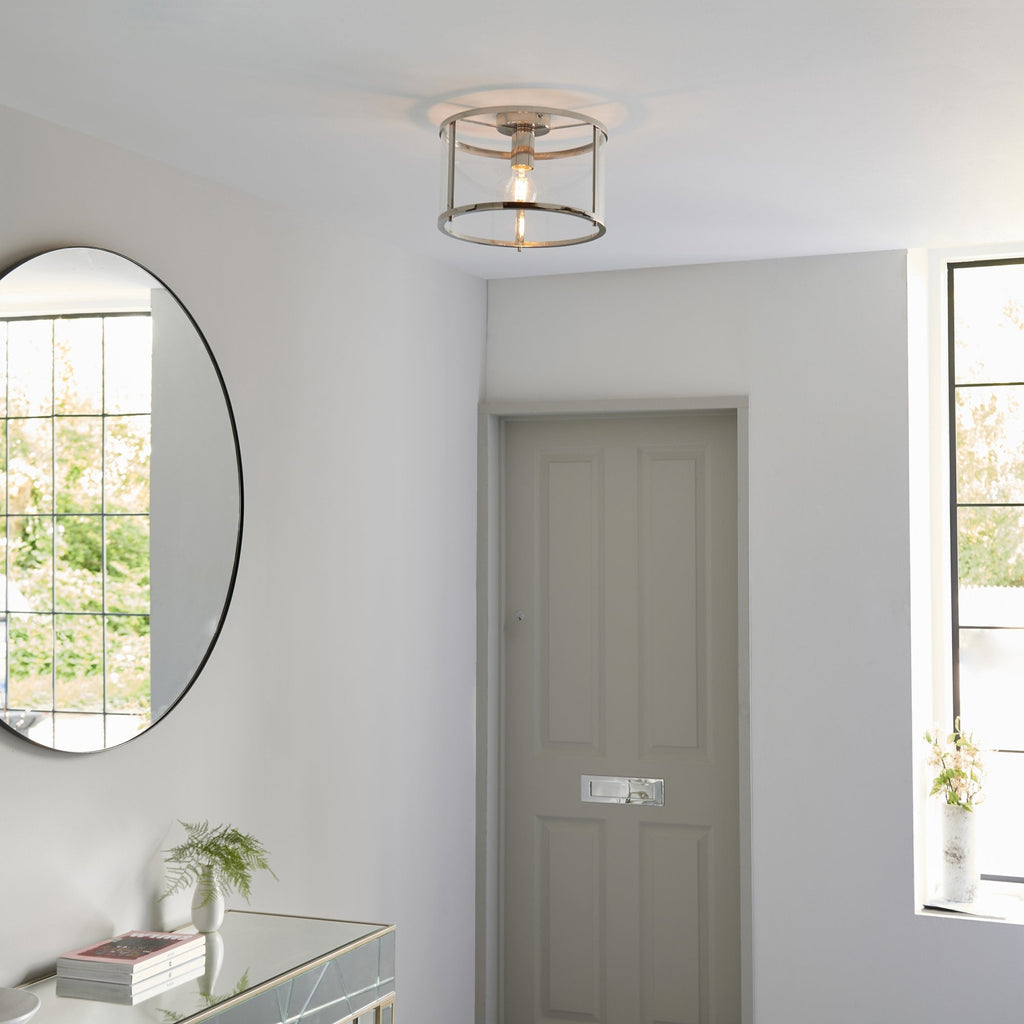 Hopton Timeless Flush Ceiling Light In Bright Nickel With Clear Glass 96150