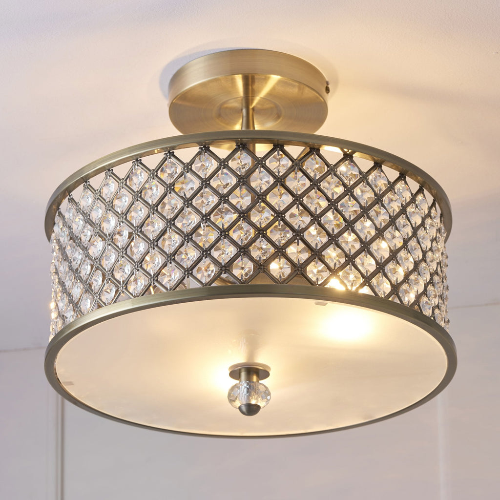 Hudson Crystal Semi Flush Ceiling Light In Antique Brass Finish 70558