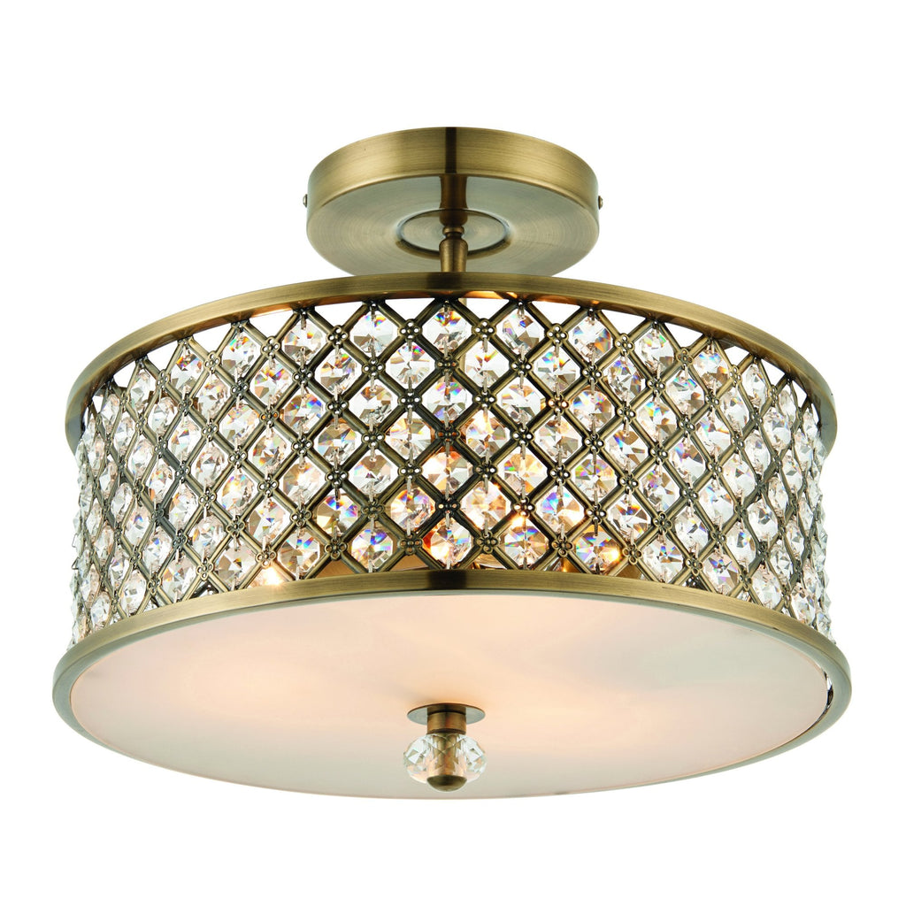 Hudson Crystal Semi Flush Ceiling Light In Antique Brass Finish 70558