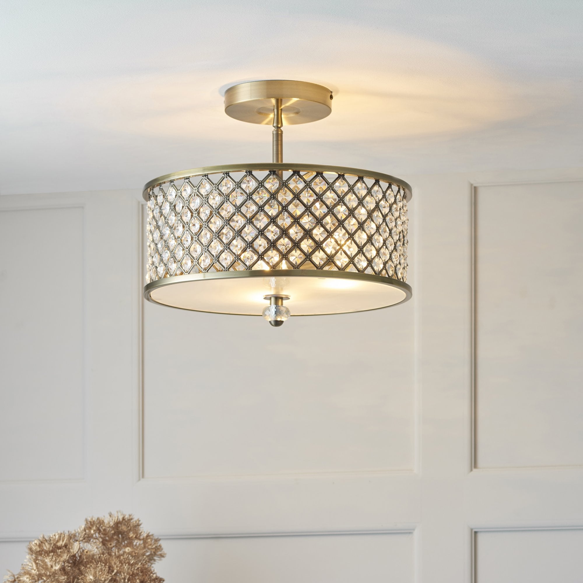 Hudson Crystal Semi Flush Ceiling Light In Antique Brass Finish 70558