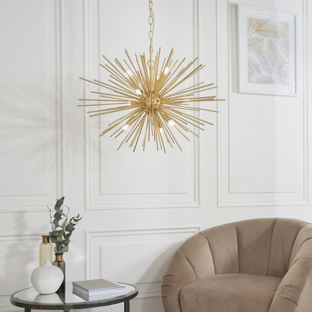 Orta Modern Nine Light Ceiling Pendant In Matt Brushed Gold Effect Finish 70575
