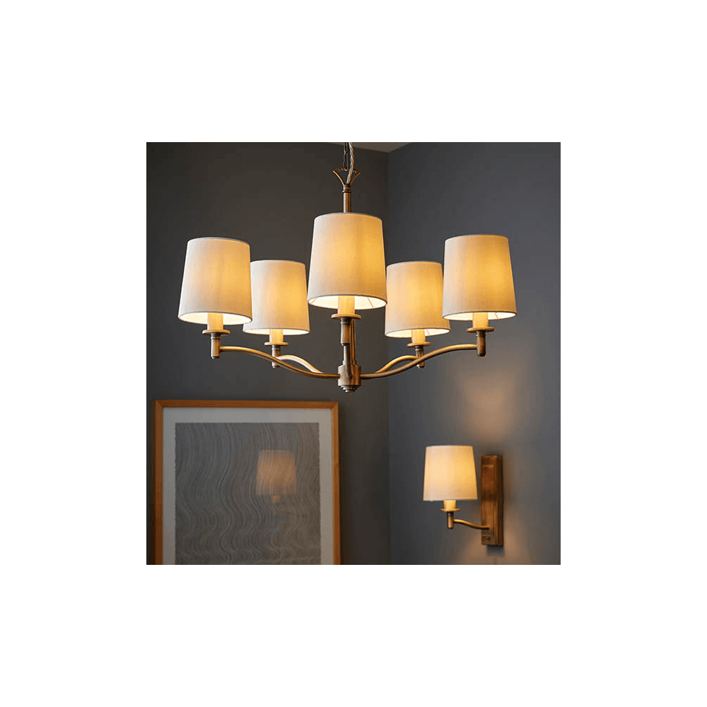 Ortona Five Light Ceiling Pendant In Matt Antique Brass Finish With White Shades 70245