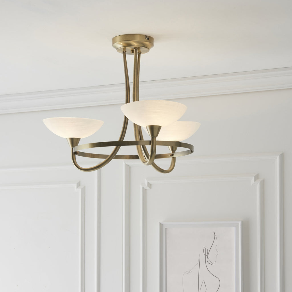 CAGNEY-3AB 3 Light Glass & Antique Brass Ceiling Light