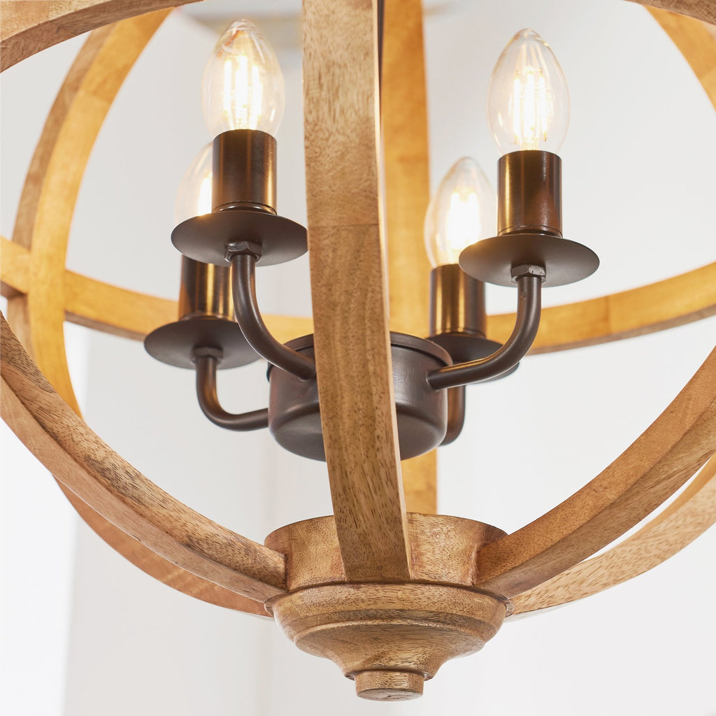 Toba Four Light Globe Ceiling Pendant In Mango Wood And Dark Bronze Paint 73575