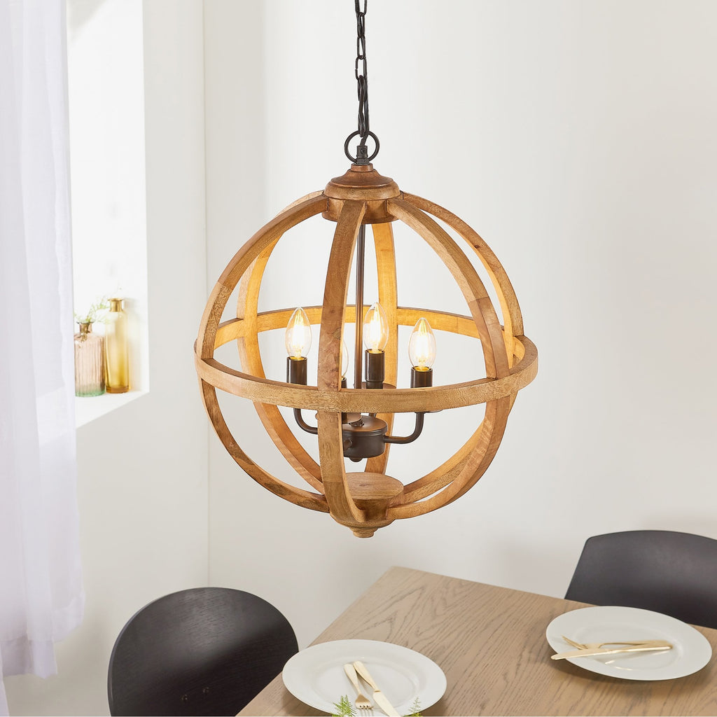 Toba Four Light Globe Ceiling Pendant In Mango Wood And Dark Bronze Paint 73575