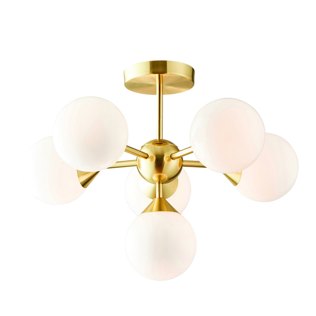Oscar Semi Flush Ceiling Light In Brushed Brass With Gloss White Glass Shades 76501