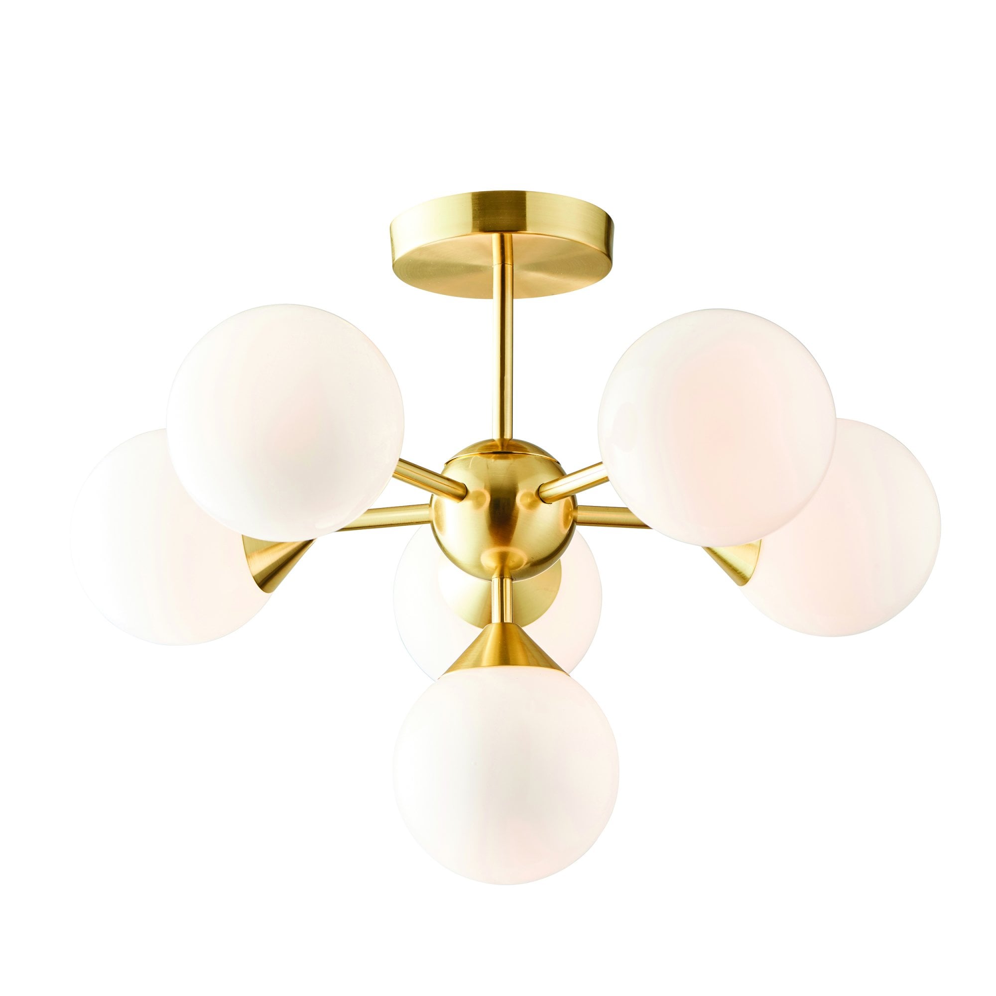 Oscar Semi Flush Ceiling Light In Brushed Brass With Gloss White Glass Shades 76501