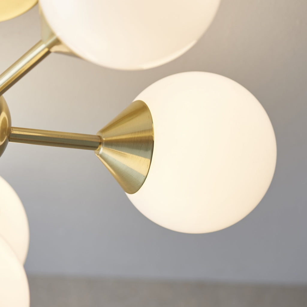 Oscar Semi Flush Ceiling Light In Brushed Brass With Gloss White Glass Shades 76501