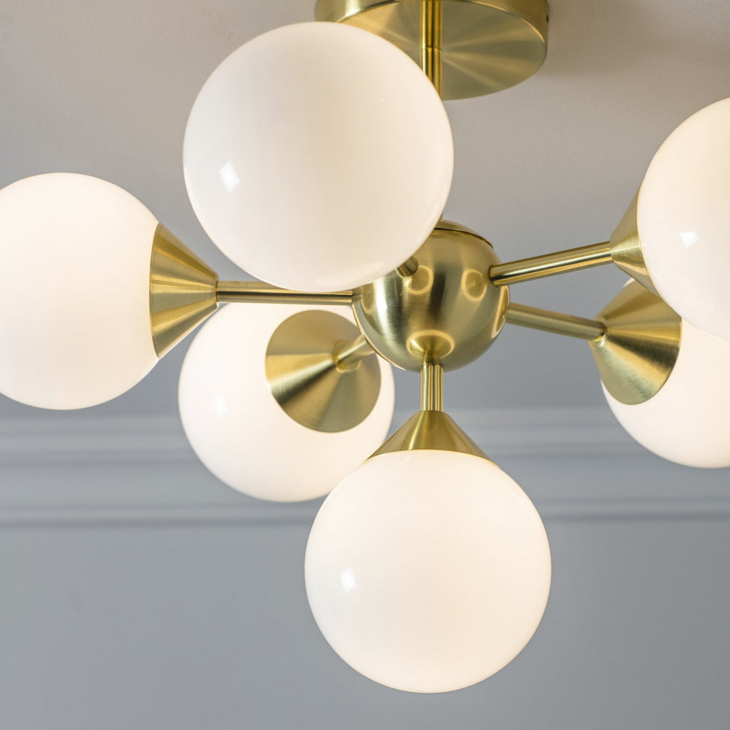 Oscar Semi Flush Ceiling Light In Brushed Brass With Gloss White Glass Shades 76501