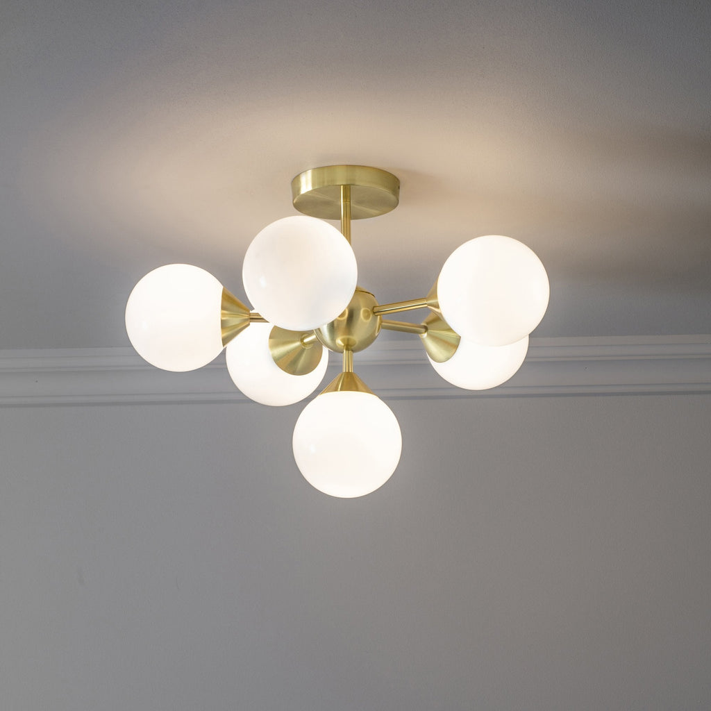 Oscar Semi Flush Ceiling Light In Brushed Brass With Gloss White Glass Shades 76501