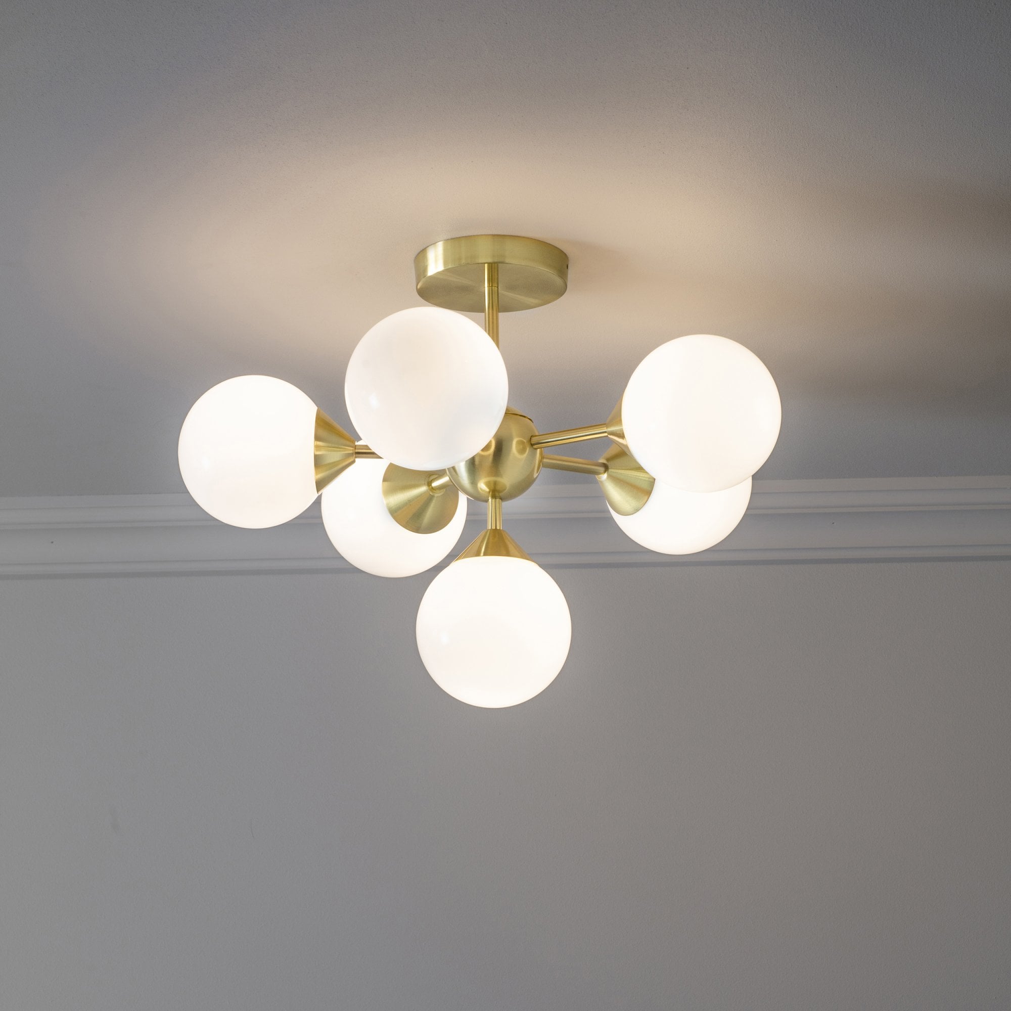 Oscar Semi Flush Ceiling Light In Brushed Brass With Gloss White Glass Shades 76501