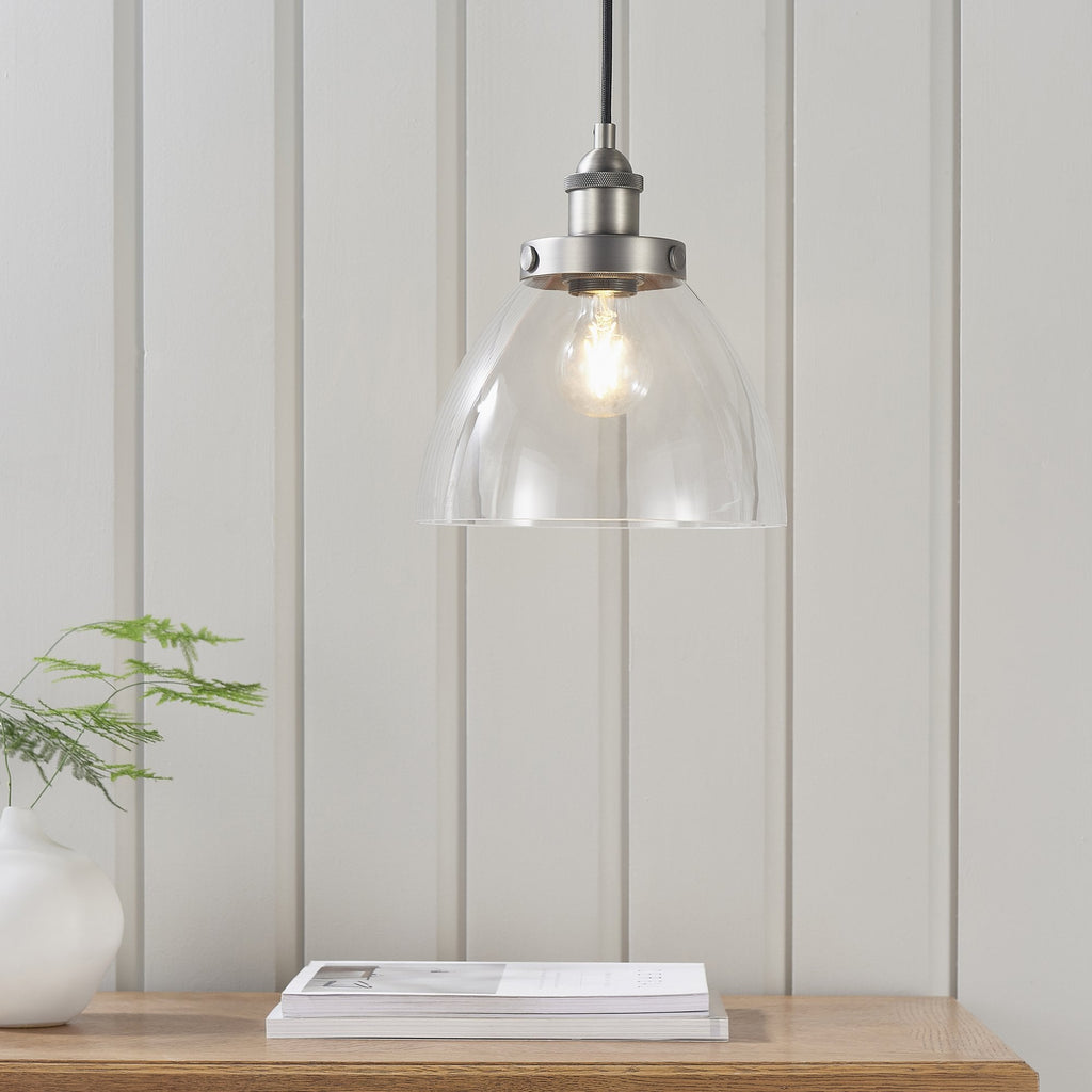 Hansen Retro Ceiling Pendant Light In Brushed Silver With Clear Glass Shade 91738