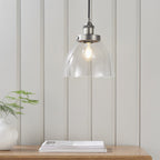 Hansen Retro Ceiling Pendant Light In Brushed Silver With Clear Glass Shade 91738
