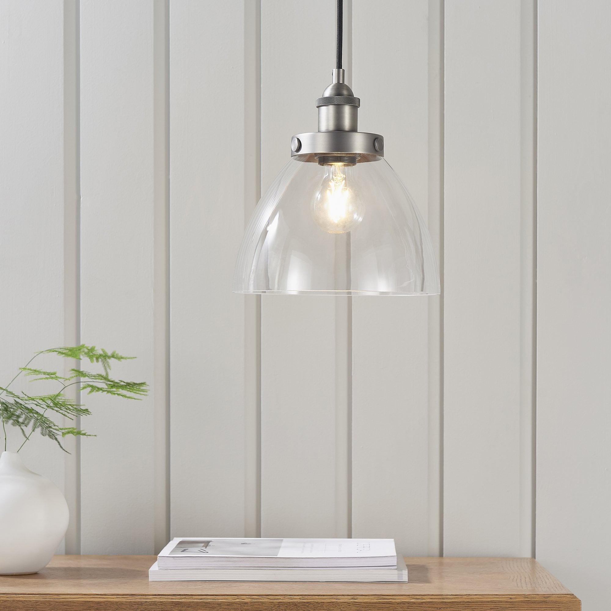 Hansen Retro Ceiling Pendant Light In Brushed Silver With Clear Glass Shade 91738
