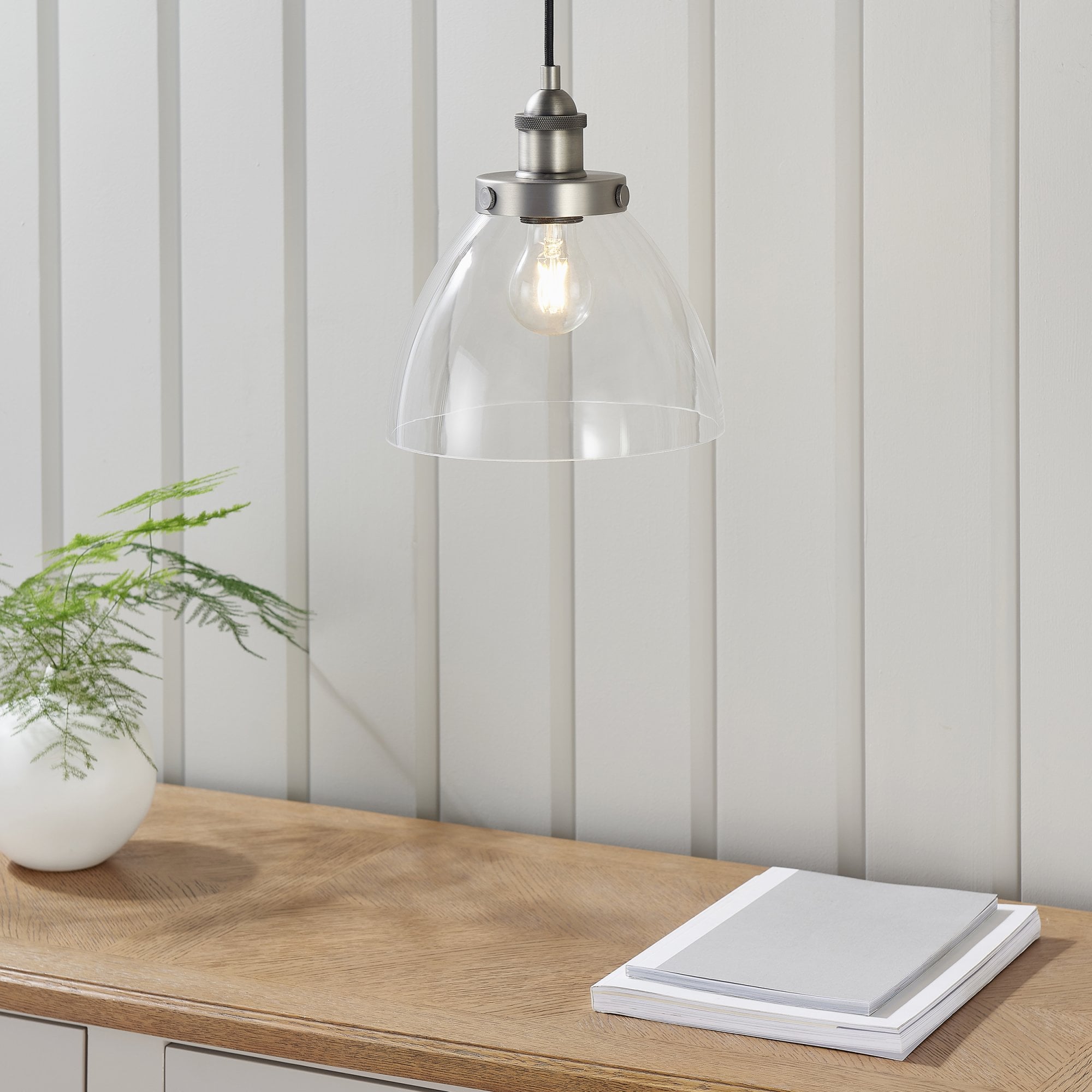 Hansen Retro Ceiling Pendant Light In Brushed Silver With Clear Glass Shade 91738