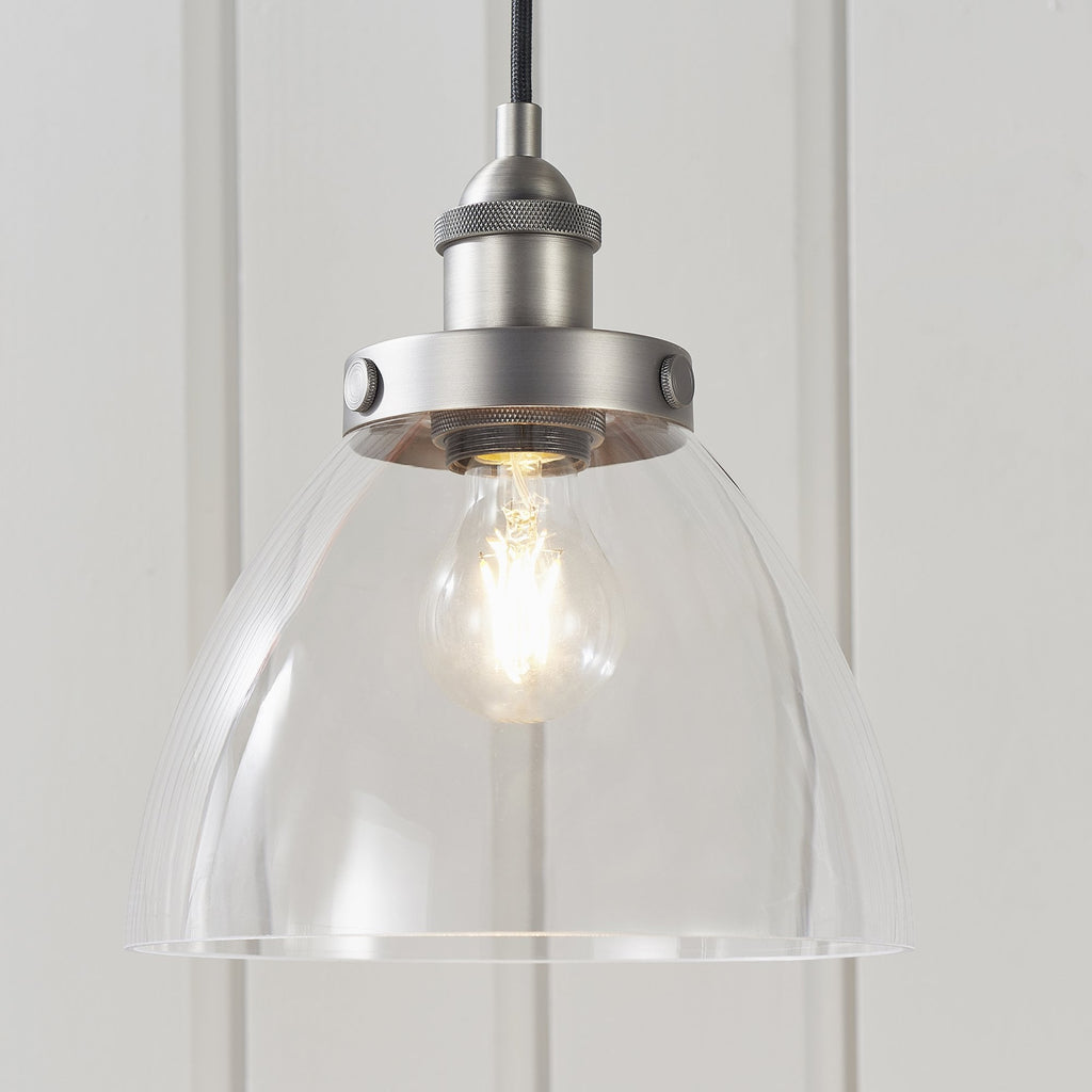 Hansen Retro Ceiling Pendant Light In Brushed Silver With Clear Glass Shade 91738