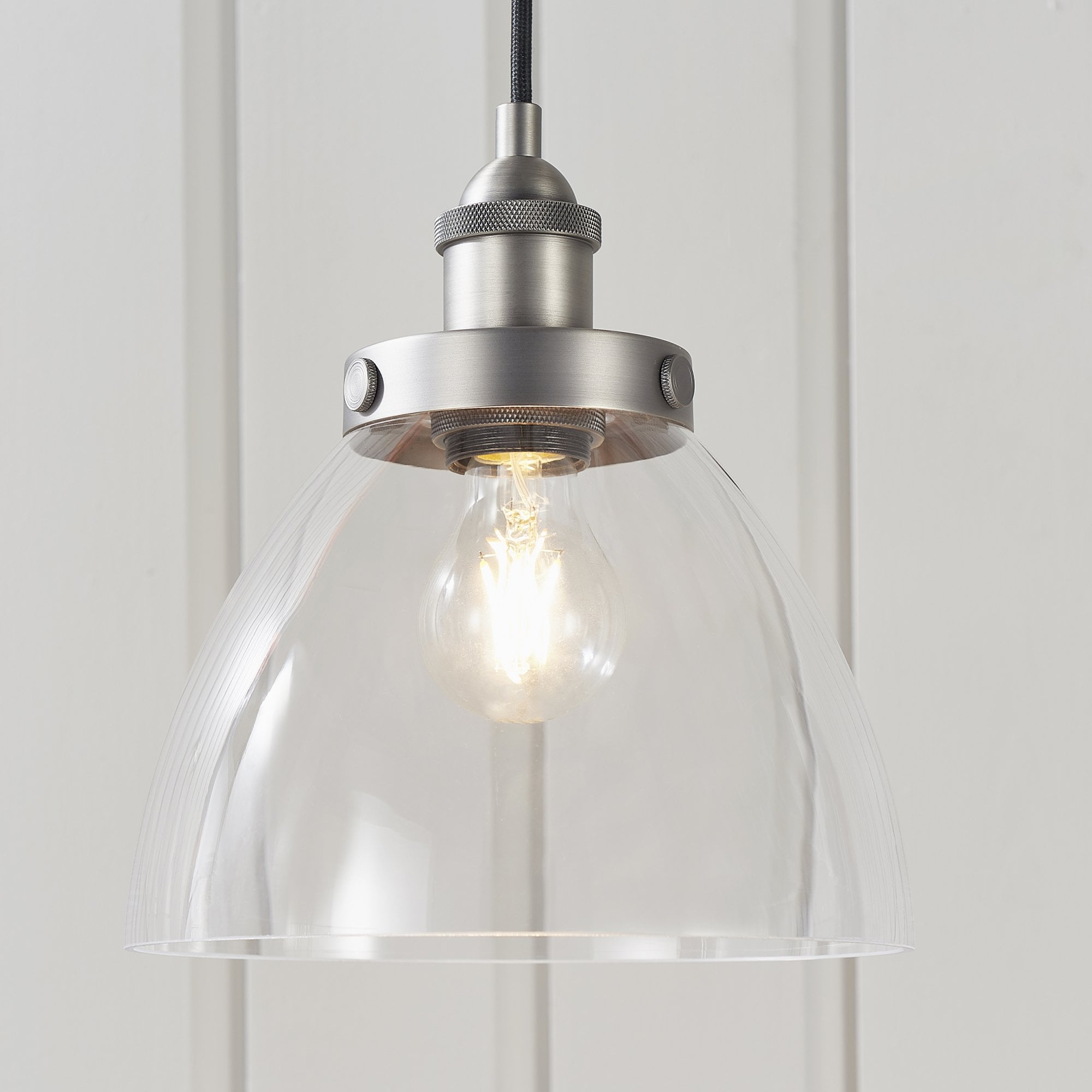 Hansen Retro Ceiling Pendant Light In Brushed Silver With Clear Glass Shade 91738