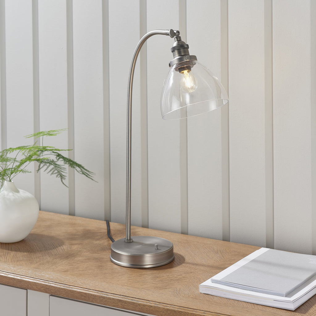 Hansen Retro Task Lamp In Brushed Silver With Clear Glass Shade 91740