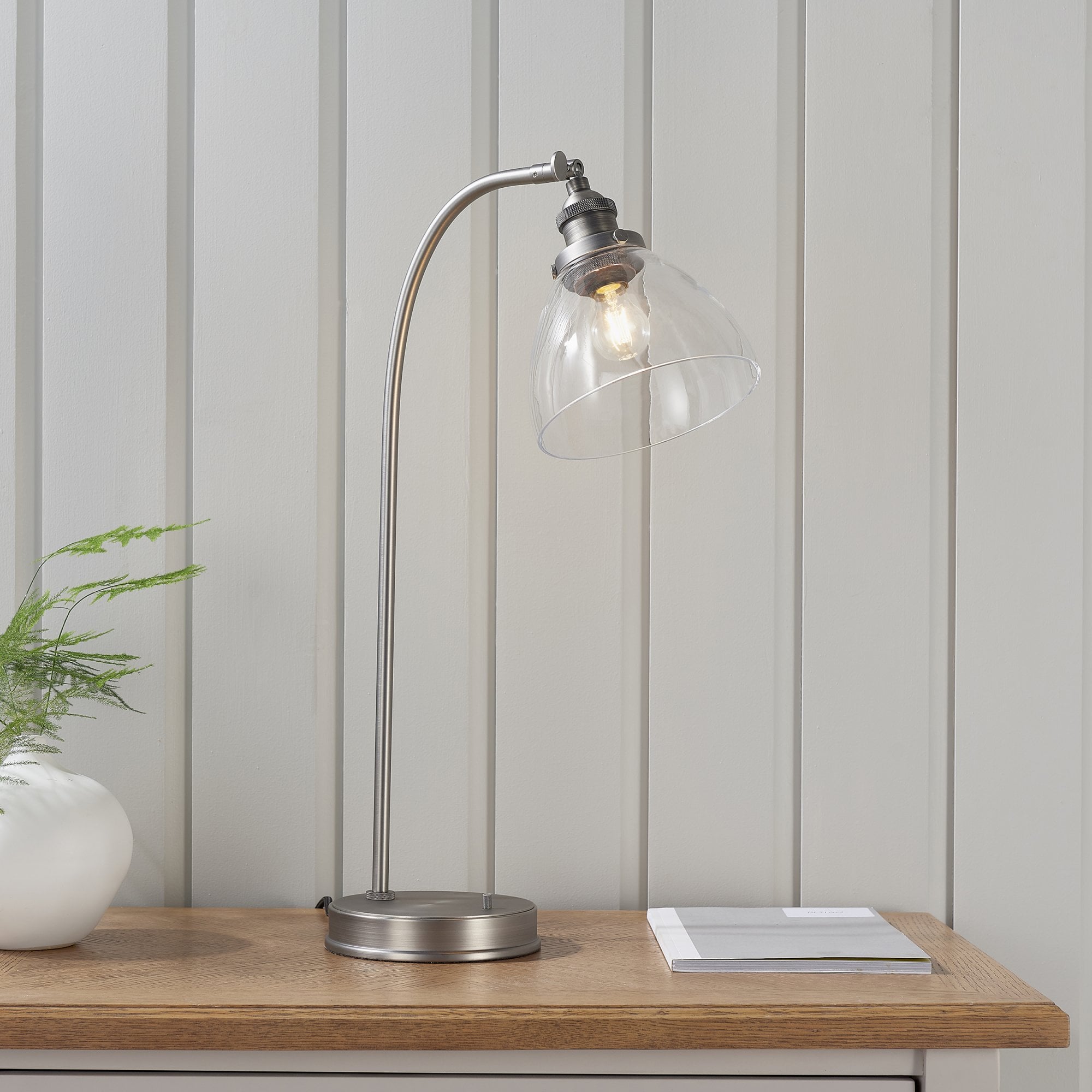 Hansen Retro Task Lamp In Brushed Silver With Clear Glass Shade 91740