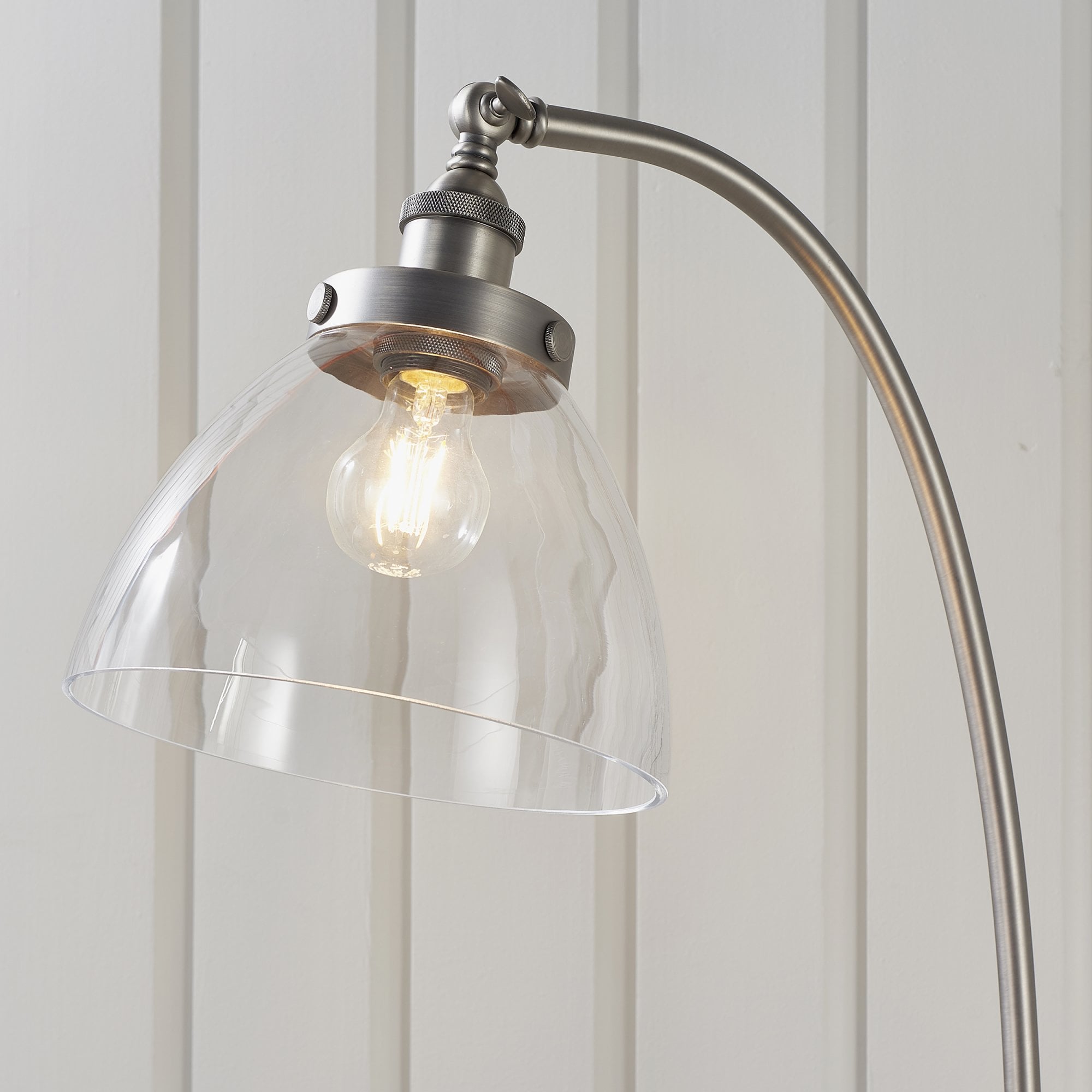 Hansen Retro Floor Lamp In Brushed Silver With Clear Glass Shade 91741